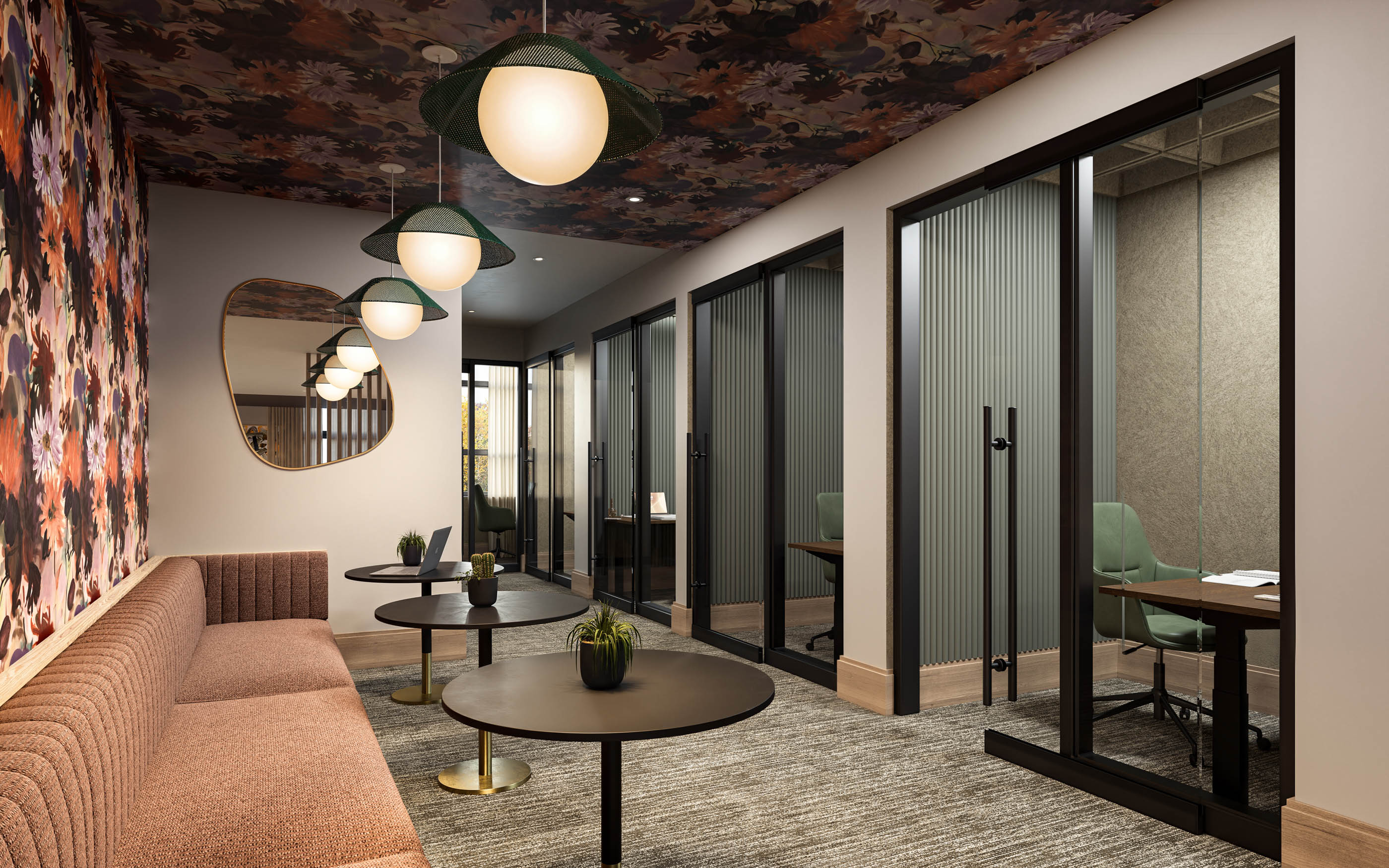 Work-from-home lounge with quiet focus areas — artist's rendering