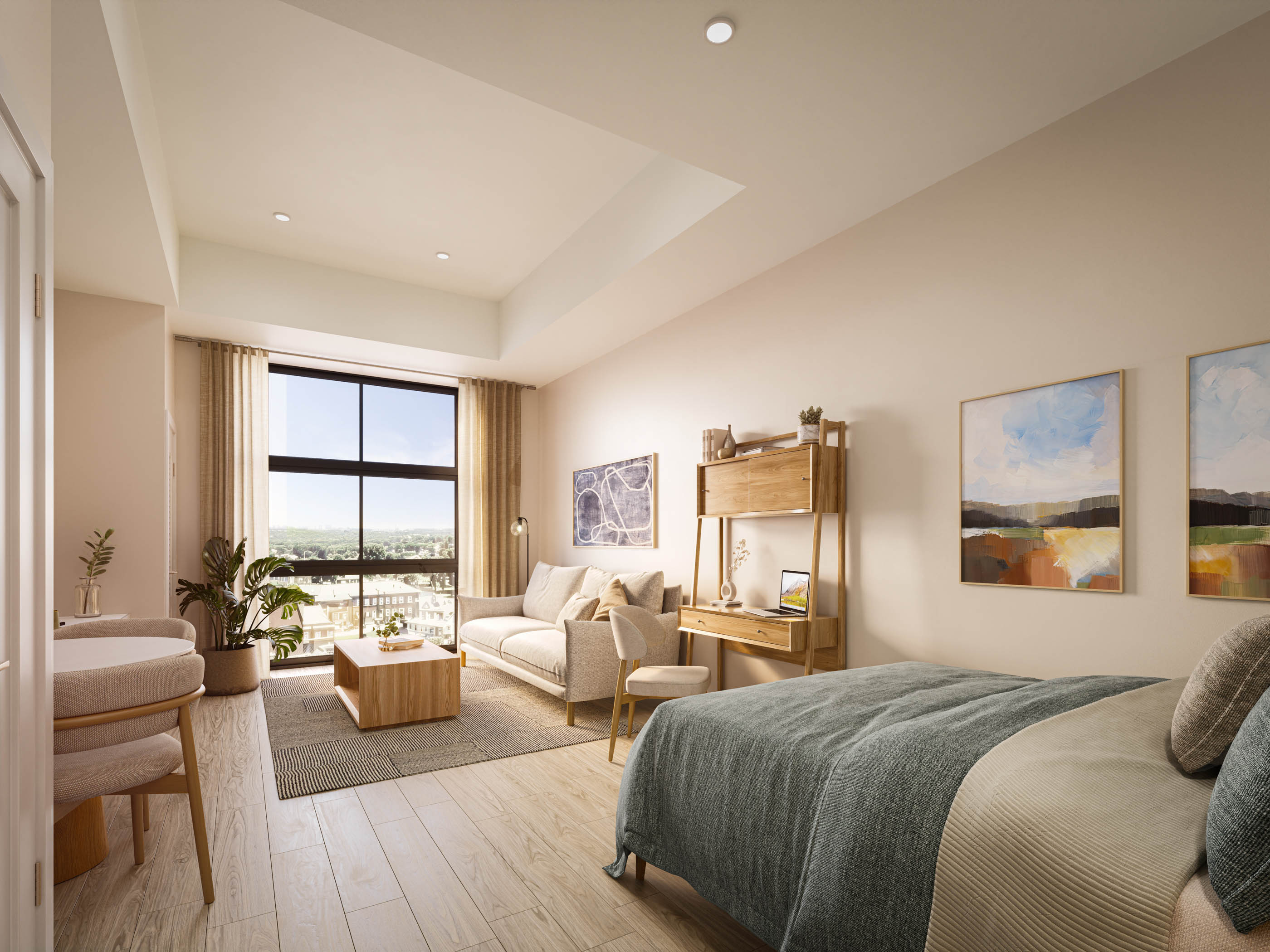 Model residence living space with city light — artist's rendering