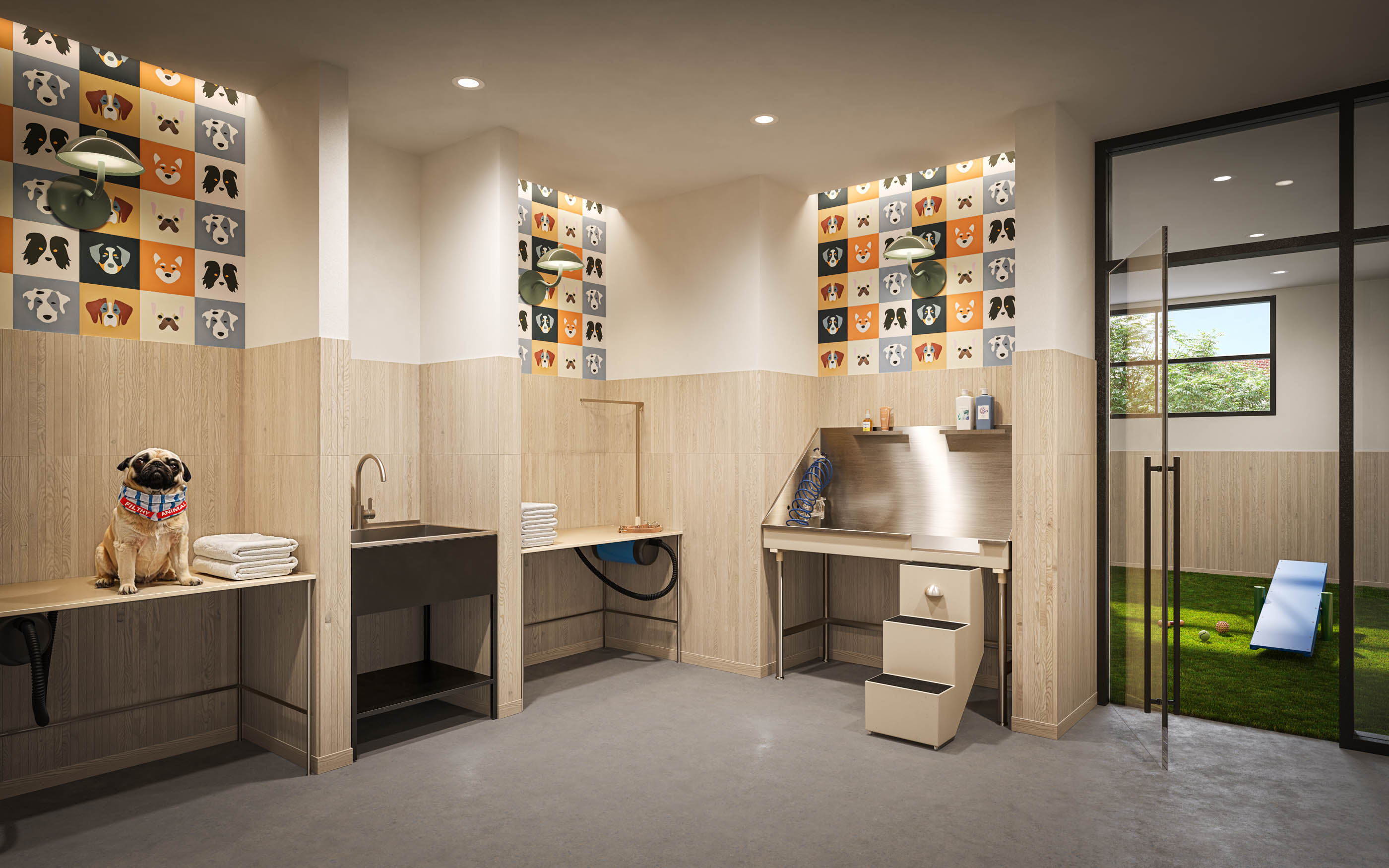 Pet spa with grooming wash stations — artist's rendering